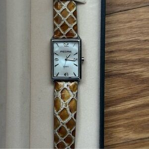 PEDRE Rectangular Leather Strap Watch Silver Quartz Boxed